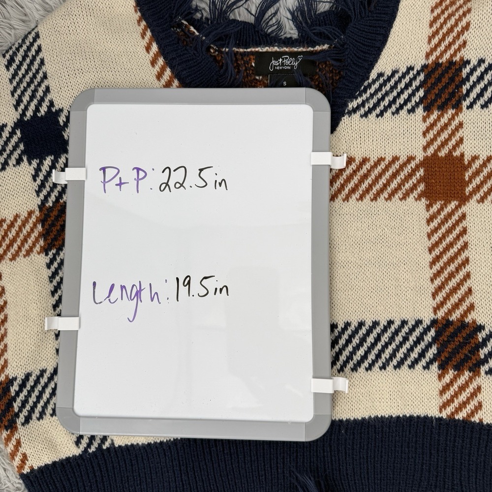 Just Polly New York Cream Navy Plaid Distressed Frayed Cropped Sweater Small - Picture 4 of 4